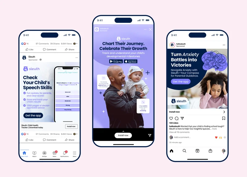Three smartphone screenshots displaying social media ad sets for 'Sleuth', a child health tracking app. The first ad emphasizes speech skills assessment through fun quizzes, the second celebrates developmental milestones with a picture of a father and child, and the third ad addresses turning anxiety into victories, featuring an image of a worried child. Each screenshot includes 'Sleuth' branding, app download prompts, and social media engagement metrics such as likes, comments, and shares.