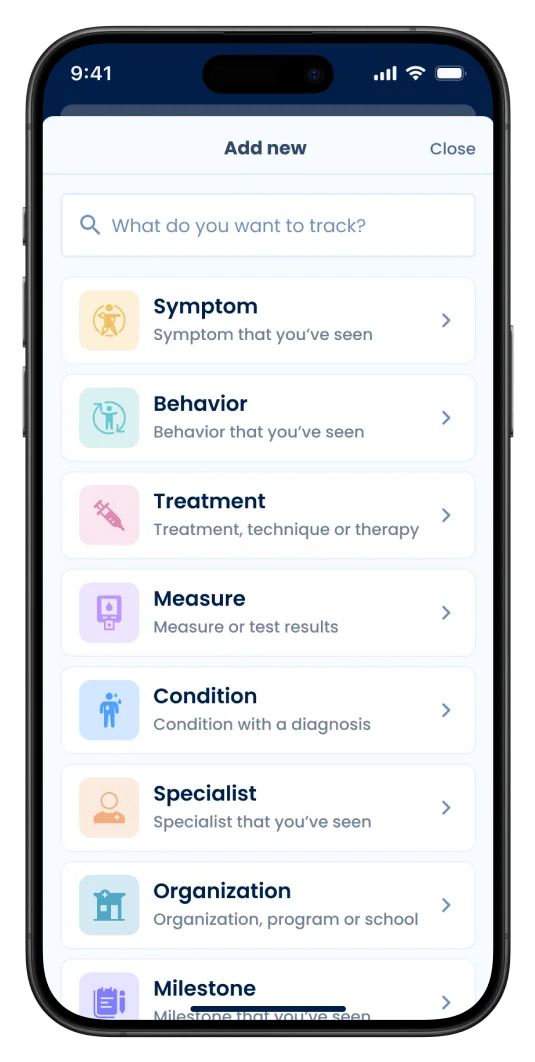 Screenshot of the Sleuth app with the opened tracker, which displays the ability to save a symptom, behavior, treatment, measure, condition, specialist, organization and milestone